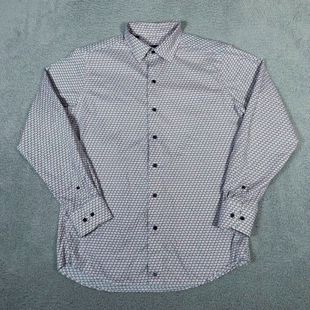 David Donahue Shirt Mens 16 M/L White Orange Bike Print‎ Button Up Dress Fusion